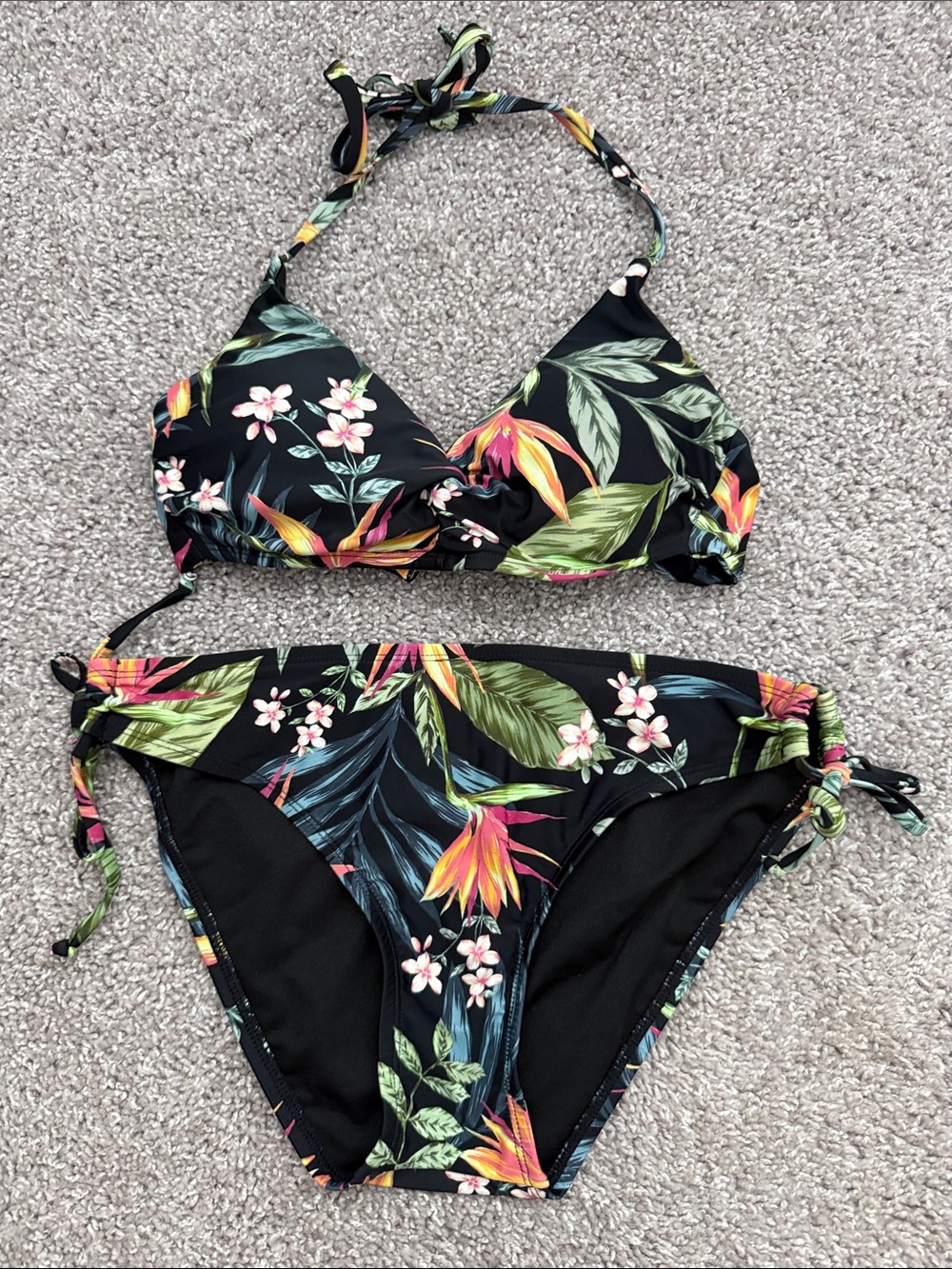 Kona Sol Black Tropical Floral Bikini - Green, Pink, Yellow